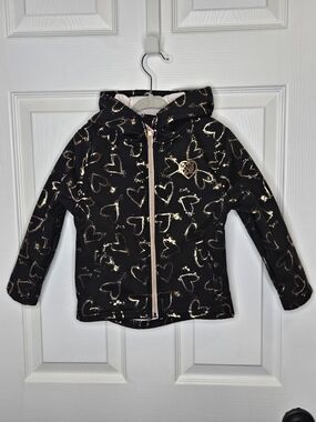 Body Glove Girls' Black Hooded Softshell Jacket Gold Heart Print Fleece Lined 4T